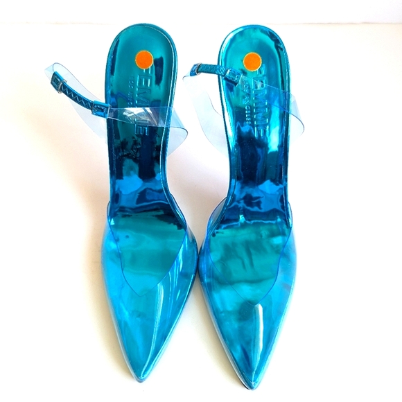 FEMME Los Angeles Transparent Blue PVC Ankle Strap Heels Pumps Sandal π - Picture 3 of 13